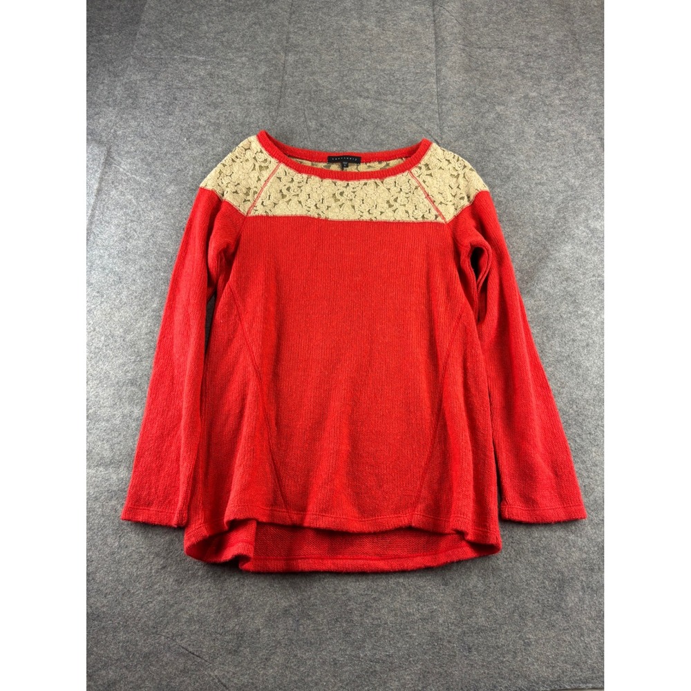 Sanctuary Womens L Red Lace Yoke Long Sleeve Knit Sweater Fairy Whimsy Boho